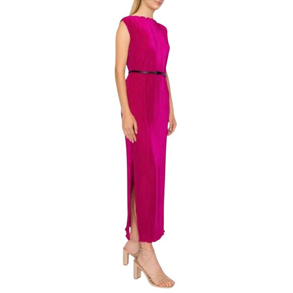 NWT Women's MELLODAY Cap‎ Sleeve Belted Plissé Dress Raspberry | Size M - Picture 4 of 15
